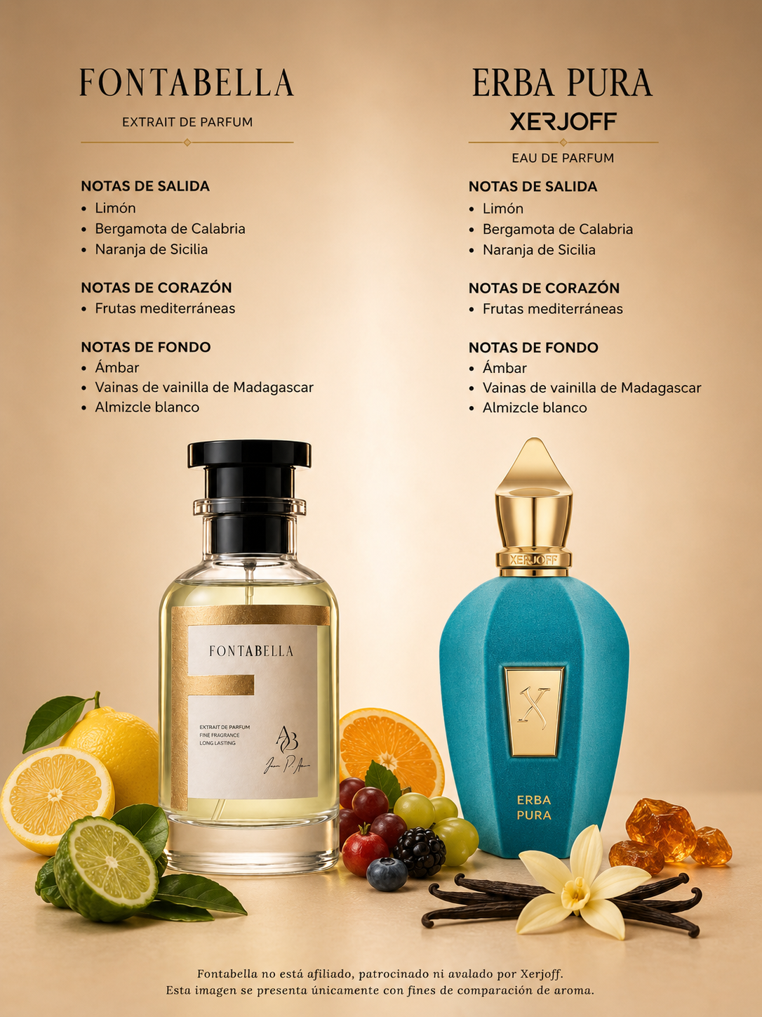 Perfume Herba Pura de Fontabella junto a su inspiración: Erba Pura de Xerjoff
