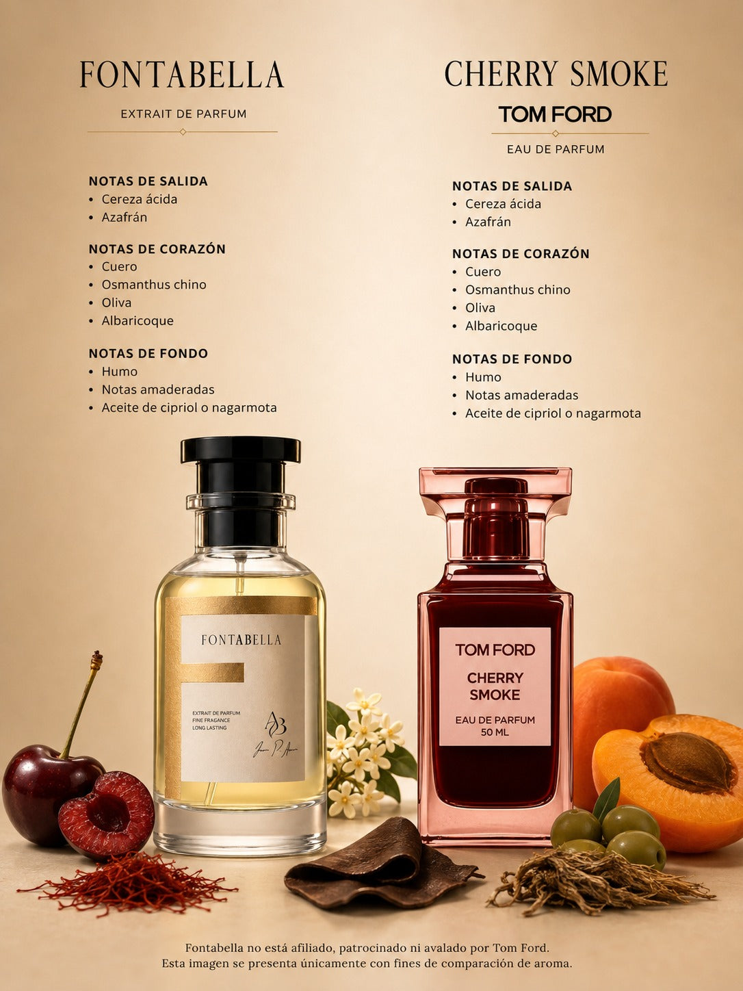 Perfume Cherissime de Fontabella junto a su inspiración: Cherry Smoke de Tom Ford