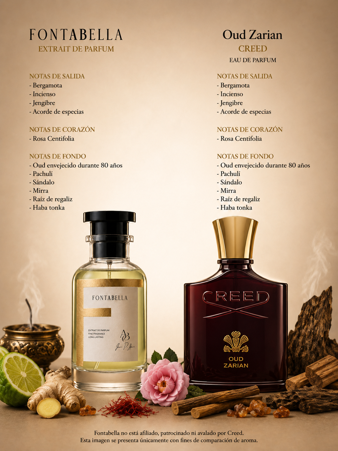 Perfume Udé Zarán de Fontabella junto a su inspiración: Oud Zarian de Creed