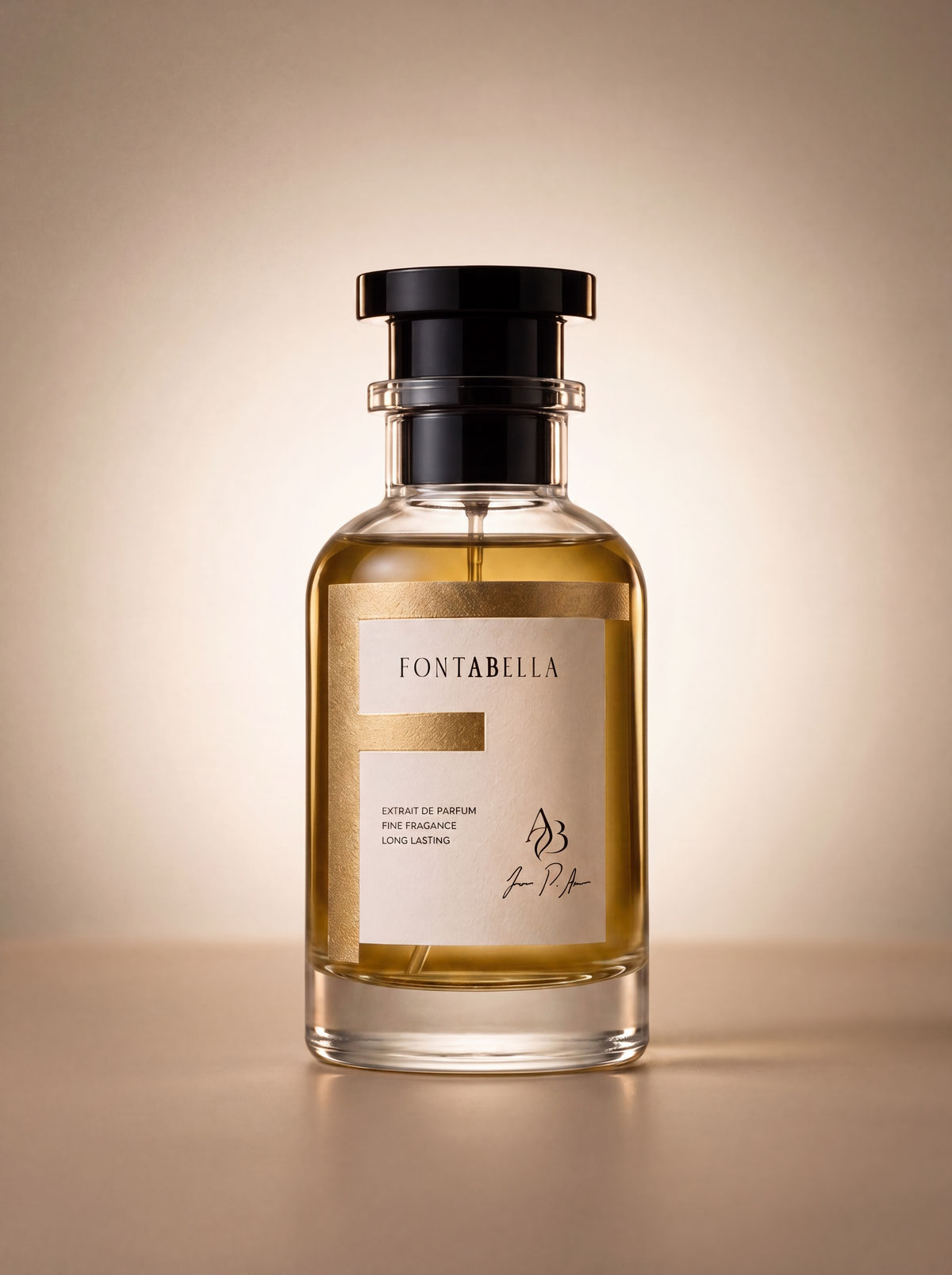 Perfume Blue Essence de Fontabella, extrait de parfum en frasco de vidrio con etiqueta dorada