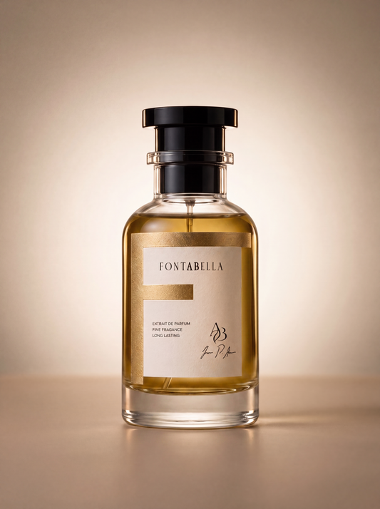 Perfume Blue Essence de Fontabella, extrait de parfum en frasco de vidrio con etiqueta dorada