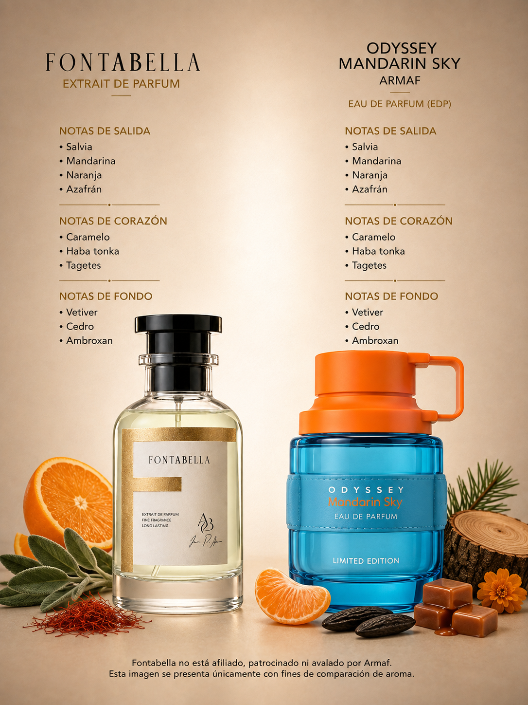 Perfume Odyssée Mandarine de Fontabella junto a su inspiración: Odyssey Mandarin Sky de Armaf