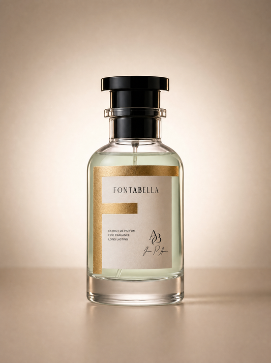 Perfume Rem Noir de Fontabella, extrait de parfum en frasco de vidrio con etiqueta dorada
