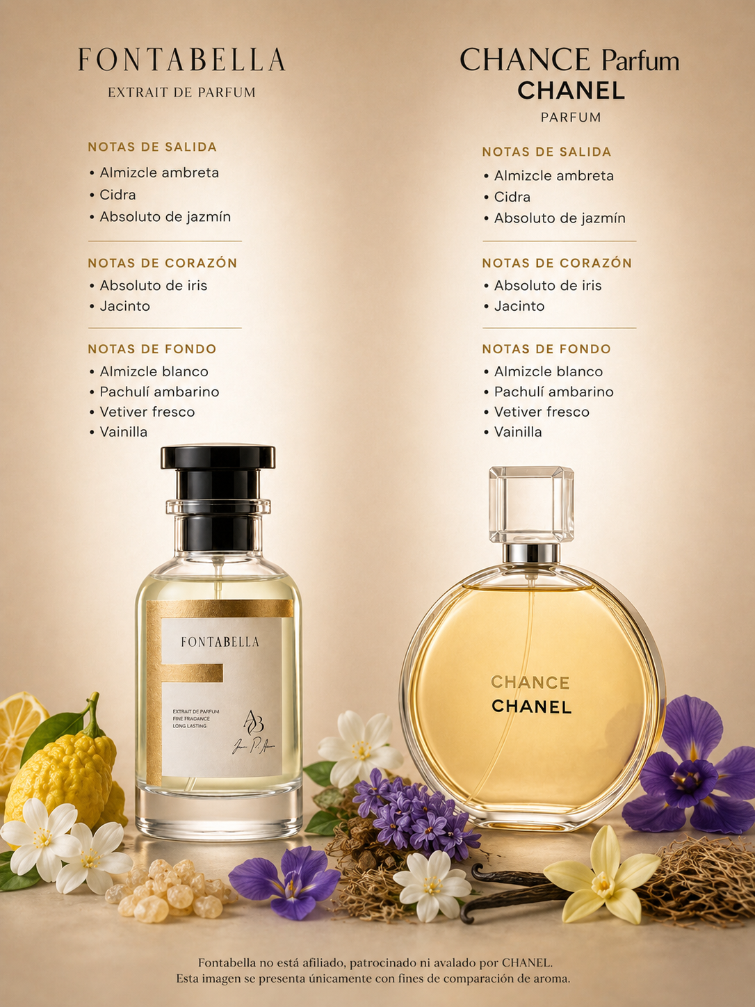 Perfume Chansé de Fontabella junto a su inspiración: Chance de Chanel