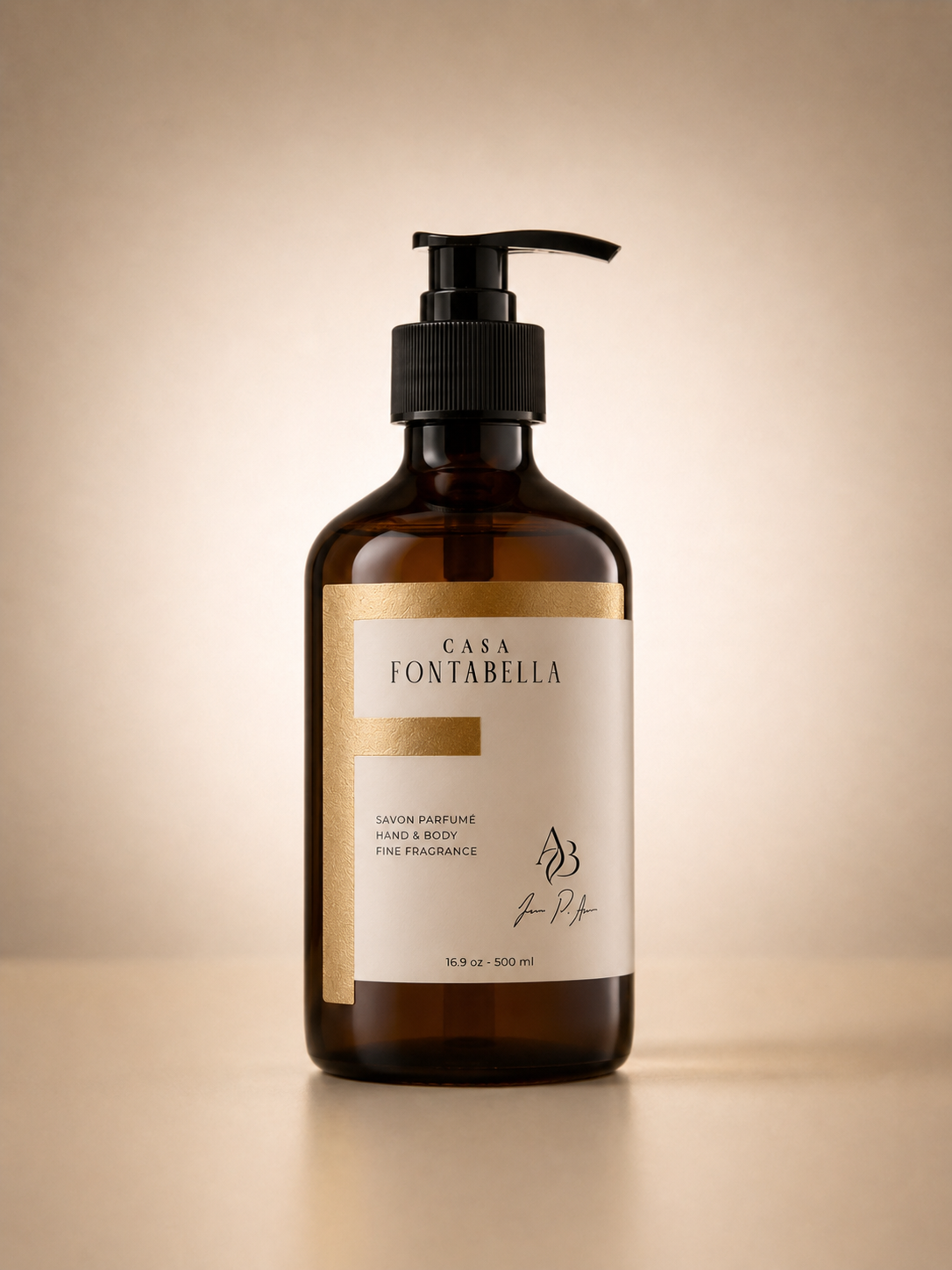 Jabón líquido Legendario de Casa Fontabella, botella ámbar de 500 ml con base vegetal de betaína de coco