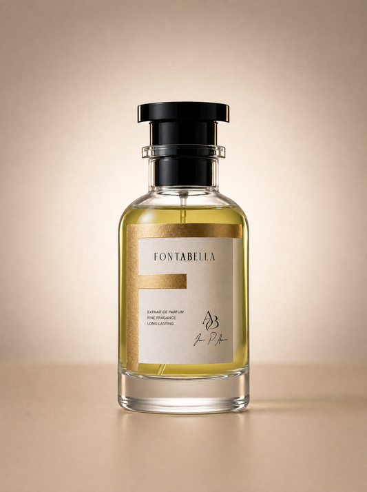 Perfume Costa Azul de Fontabella, extrait de parfum en frasco de vidrio con etiqueta dorada