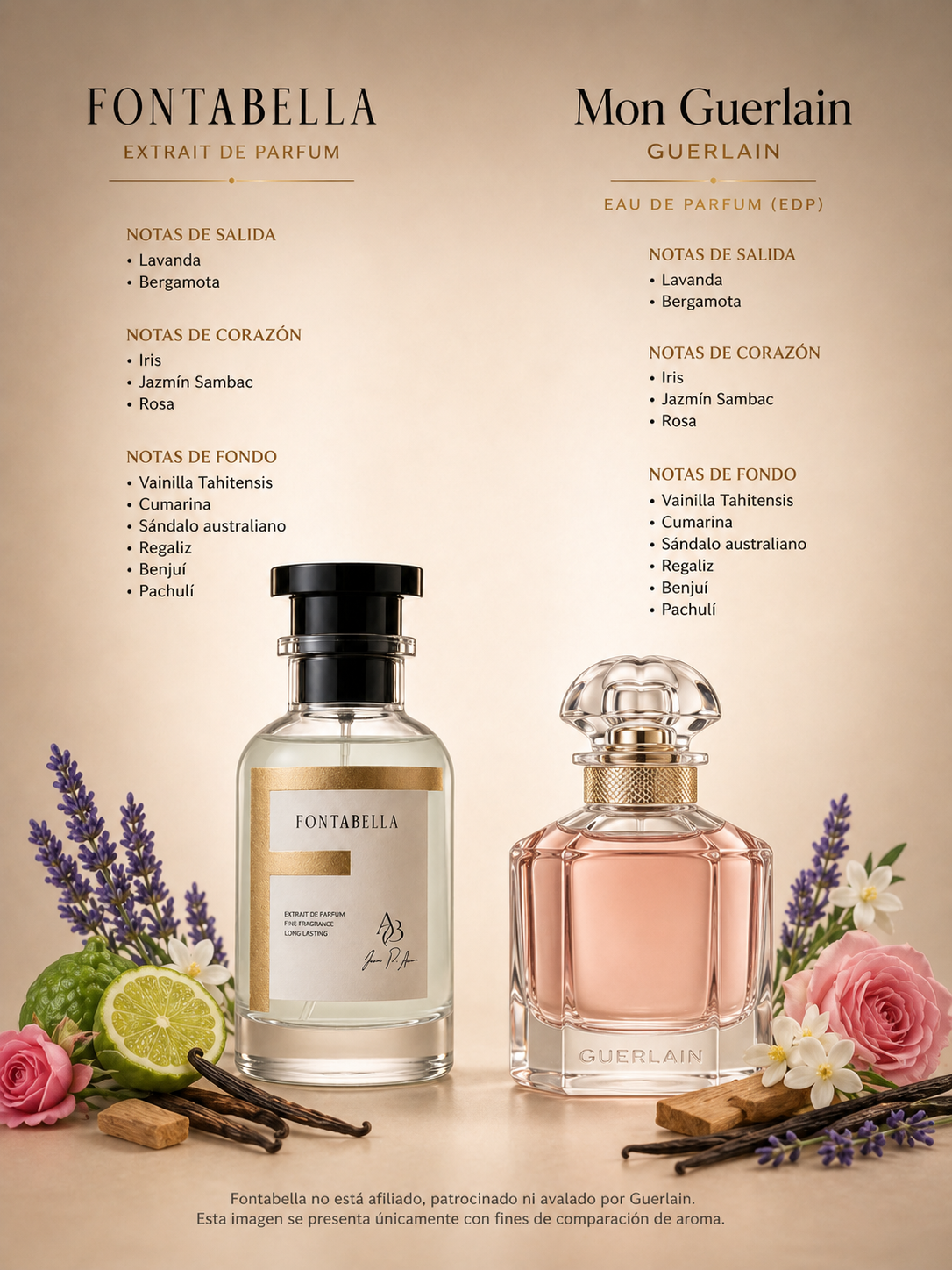 Perfume Mon Floral de Fontabella junto a su inspiración: Mon Guerlain
