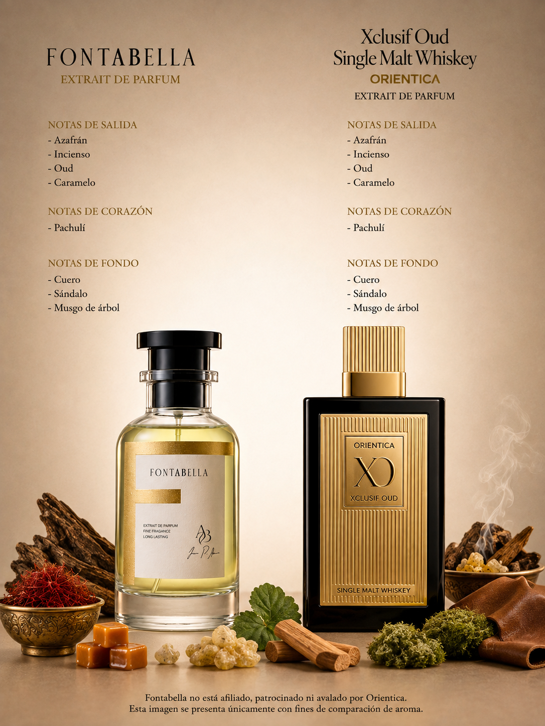 Perfume Oud Malta Whisky de Fontabella junto a su inspiración: Oud Single Malt Whiskey