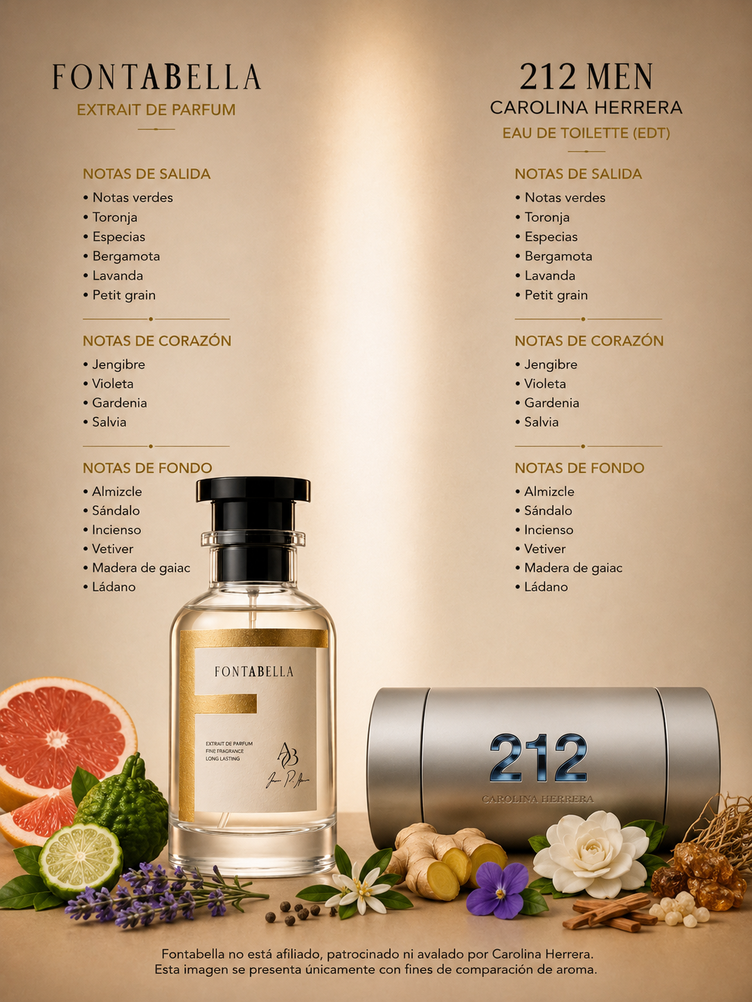 Perfume Élite 212 Homme de Fontabella junto a su inspiración: 212 Men de Carolina Herrera