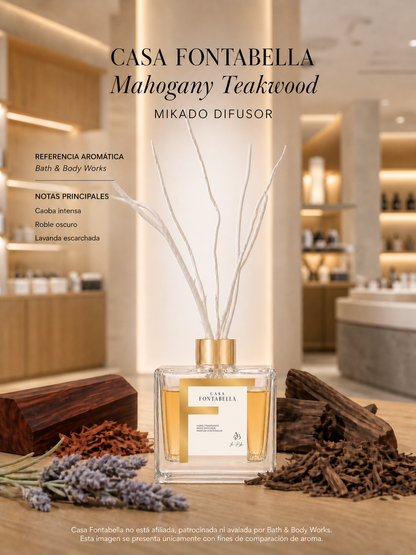 Mikado Mahogany Teakwood de Casa Fontabella junto a su inspiración: Bath y Body Works