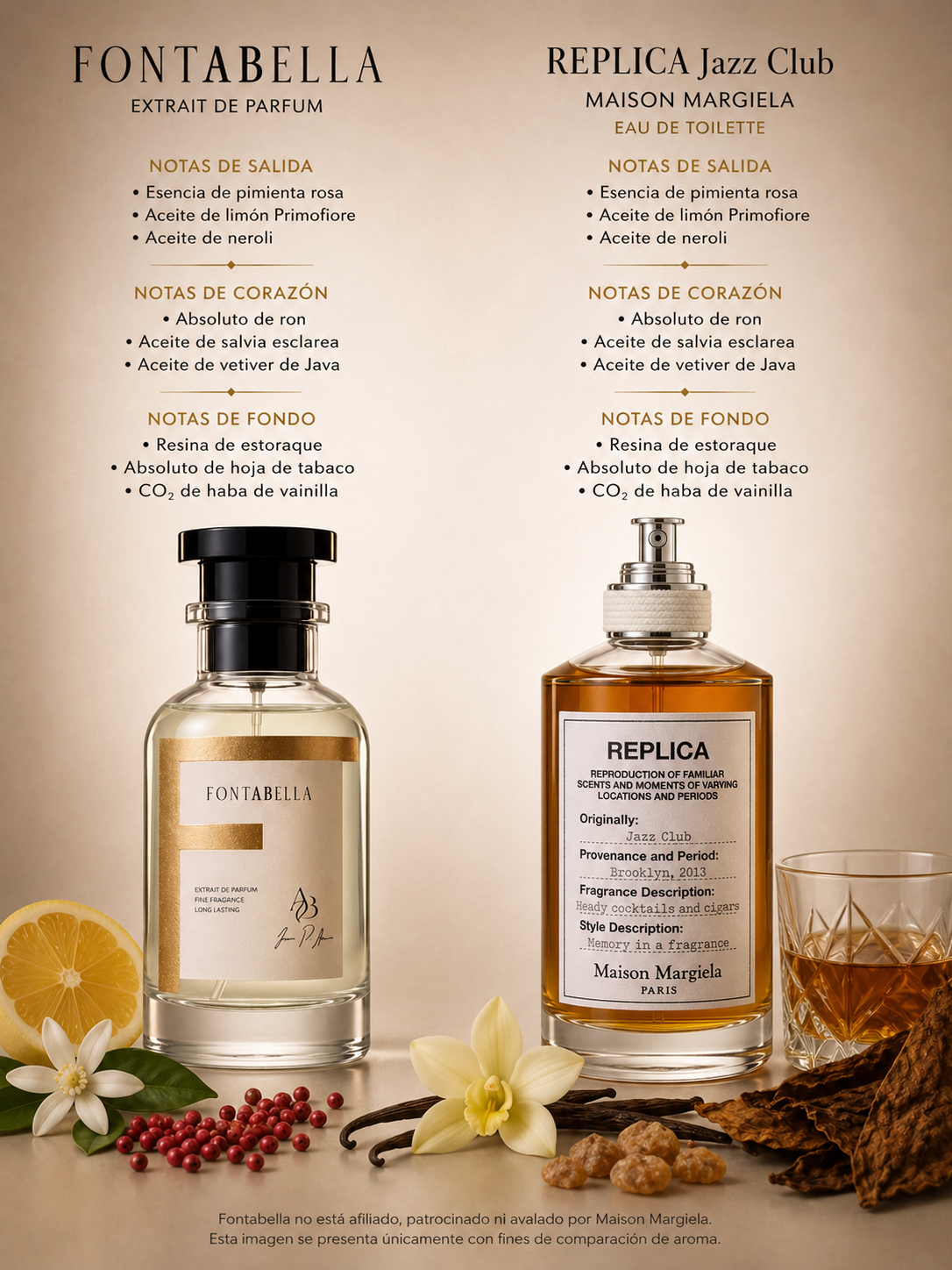 Perfume Jazz C' de Fontabella junto a su inspiración: Jazz Club de Maison Margiela