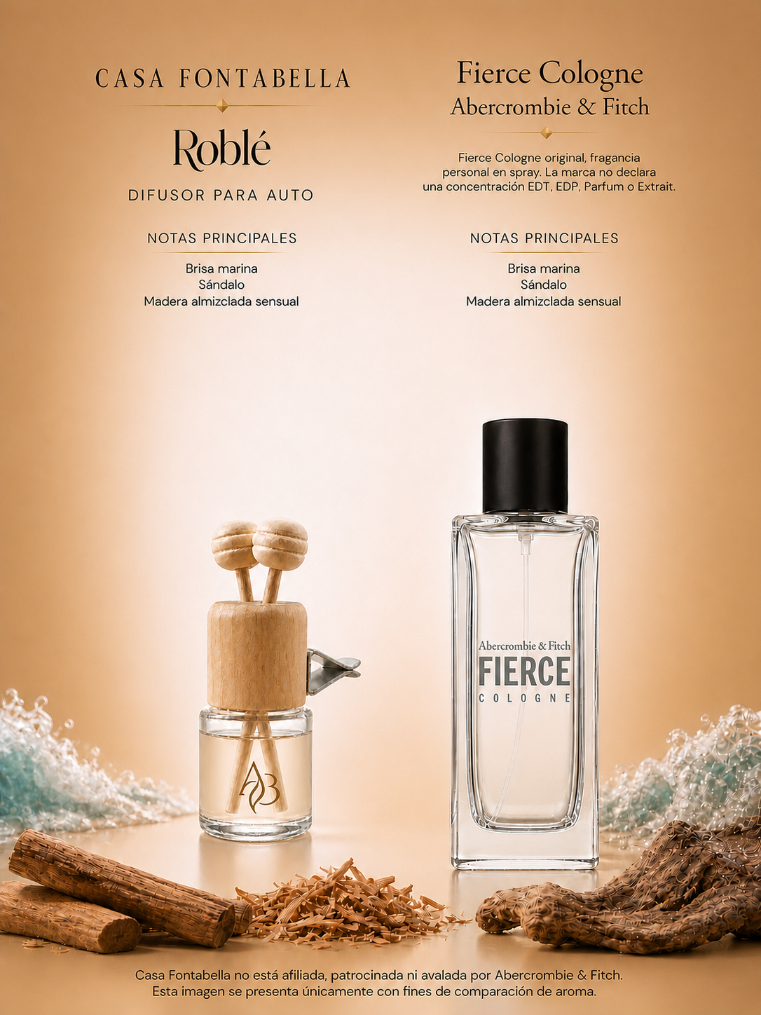 Aromatizante para auto Roblé de Casa Fontabella junto a su inspiración: Fierce de Abercrombie y Fitch