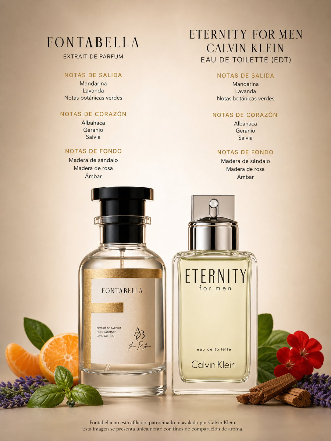 Perfume Eternidad de Fontabella junto a su inspiración: Eternity For Men de Calvin Klein