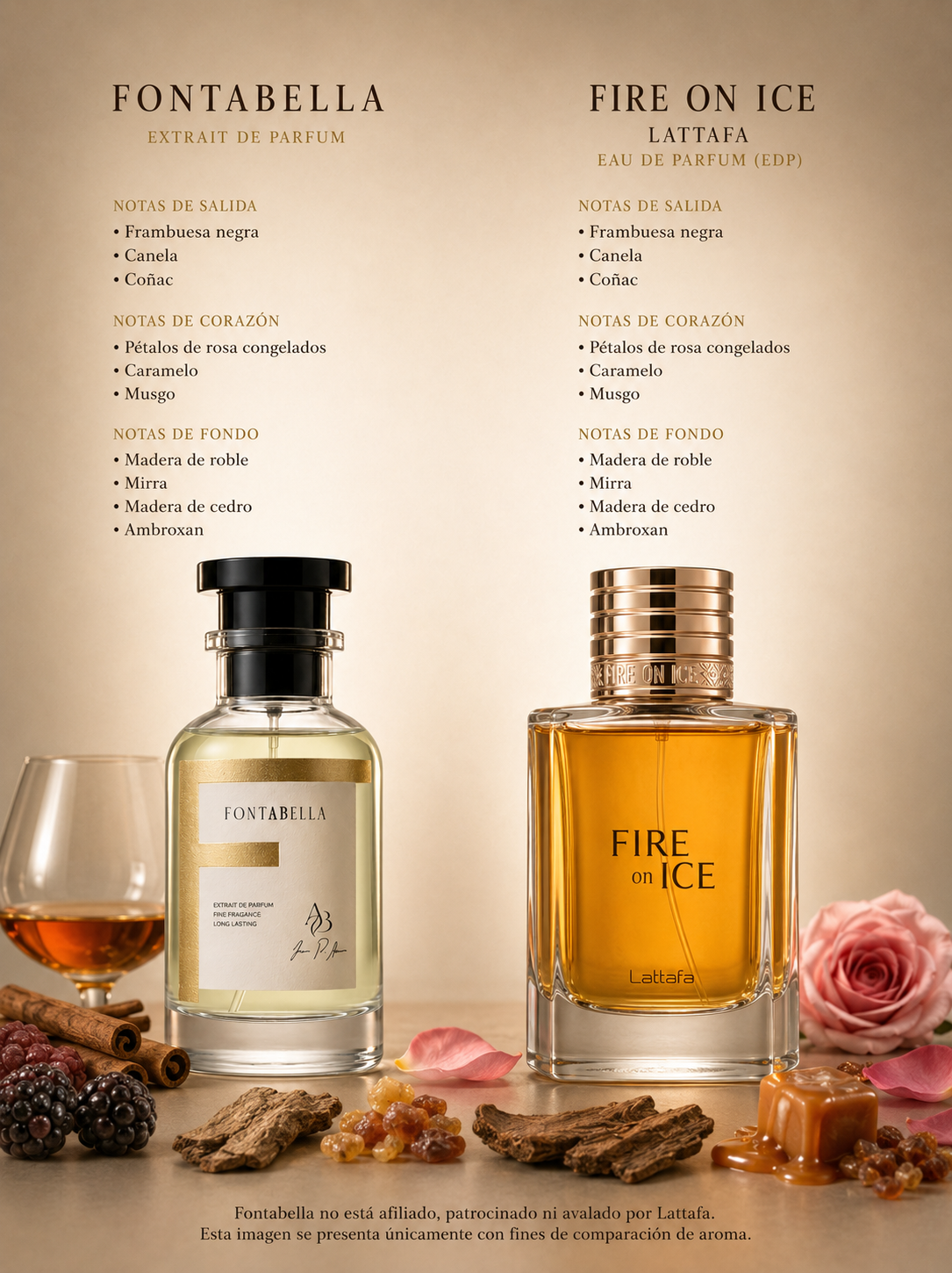 Perfume Fuego y Hielo de Fontabella junto a su inspiración: Fire On Ice de Lattafa