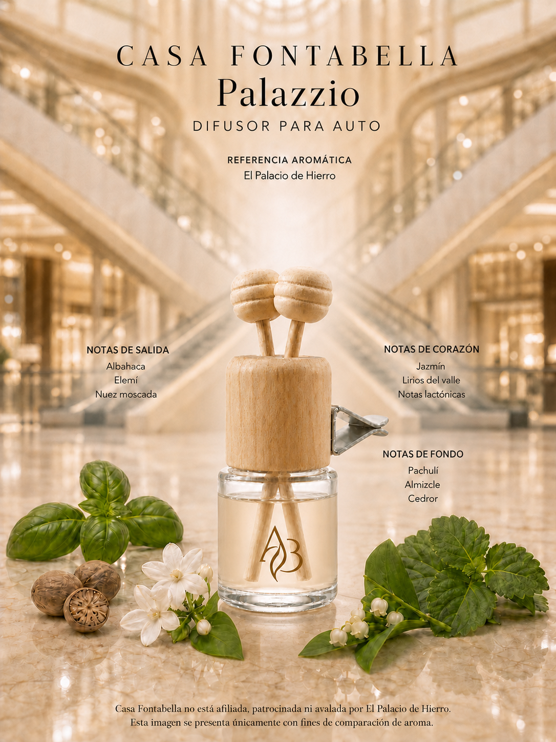 Aromatizante para auto Palazzio de Casa Fontabella junto a su inspiración: Palacio de Hierro: Palace