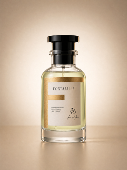 Perfume Herba Pura de Fontabella, extrait de parfum en frasco de vidrio con etiqueta dorada