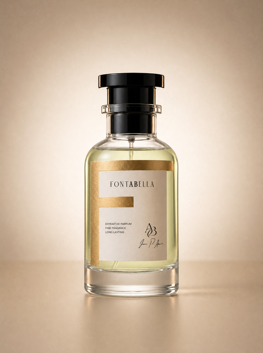 Perfume Herba Pura de Fontabella, extrait de parfum en frasco de vidrio con etiqueta dorada