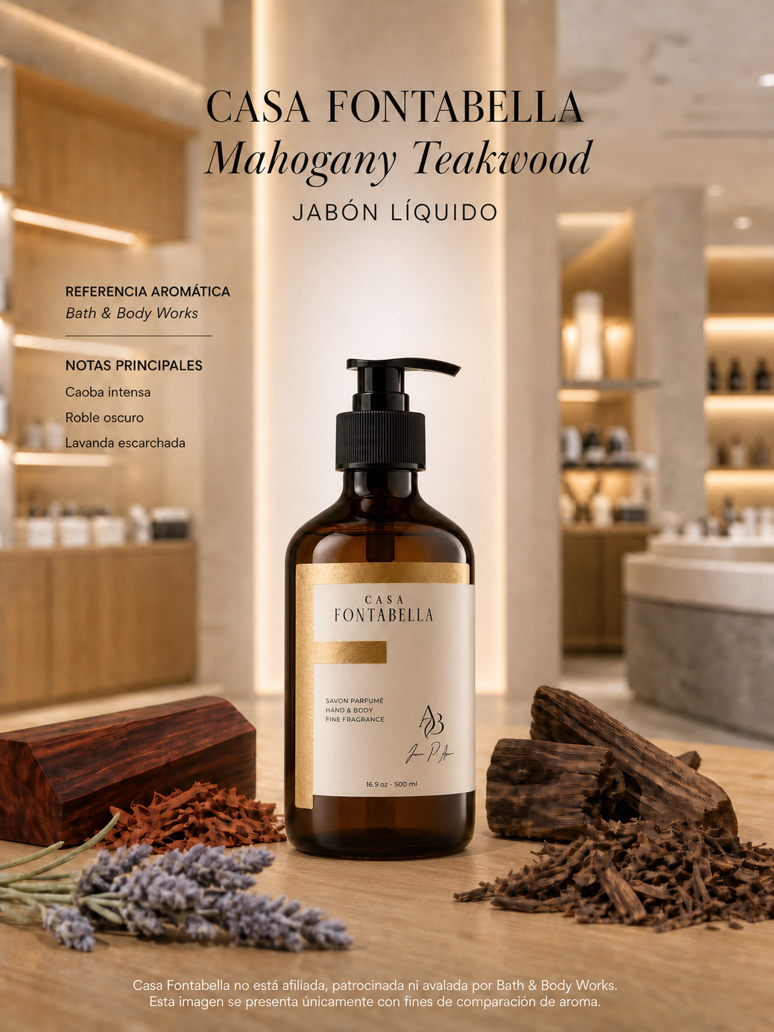 Jabón líquido Mahogany Teakwood de Casa Fontabella junto a su inspiración: Bath y Body Works