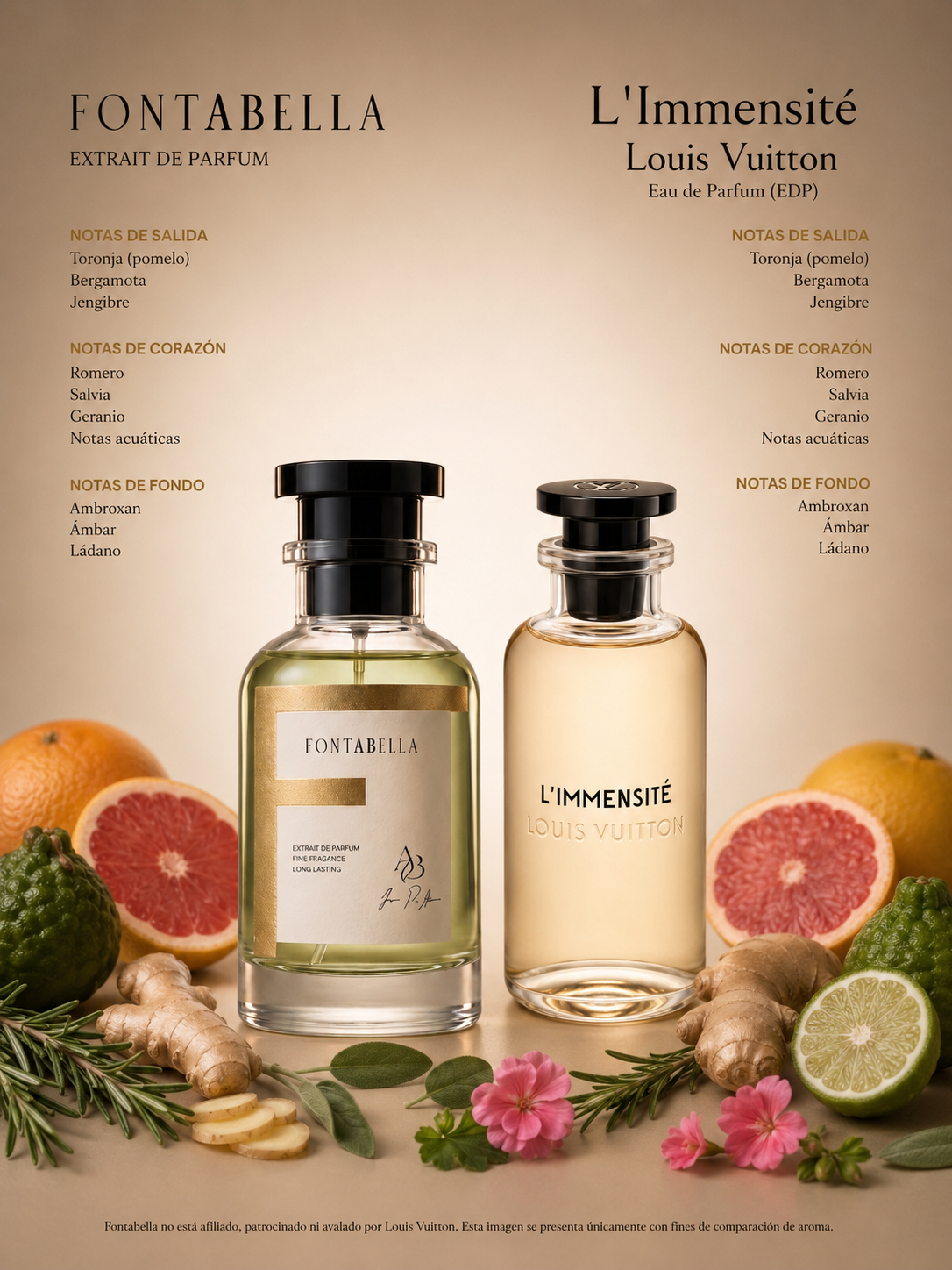 Perfume La Inmensité de Fontabella junto a su inspiración: L'Immensité de Louis Vuitton