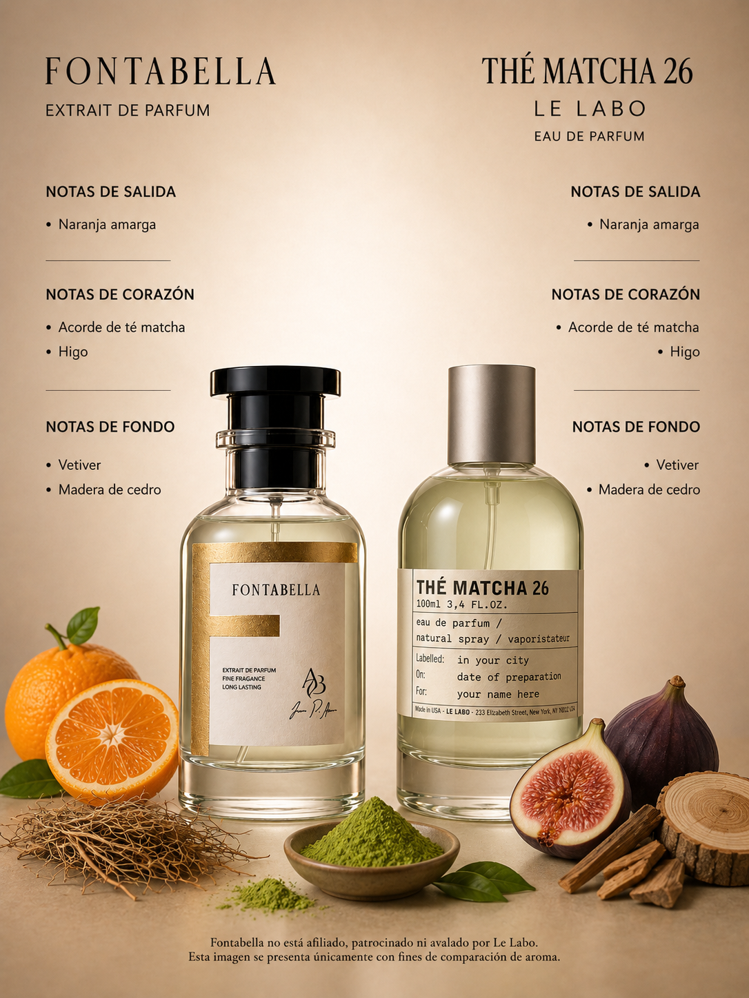 Perfume Matcha 26 de Fontabella junto a su inspiración: Thé Matcha 26 de Le Labo