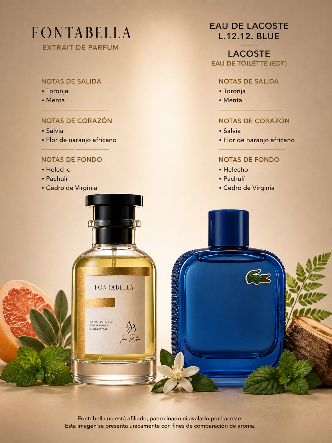 Perfume Costa Azul de Fontabella junto a su inspiración: Lacoste Blue