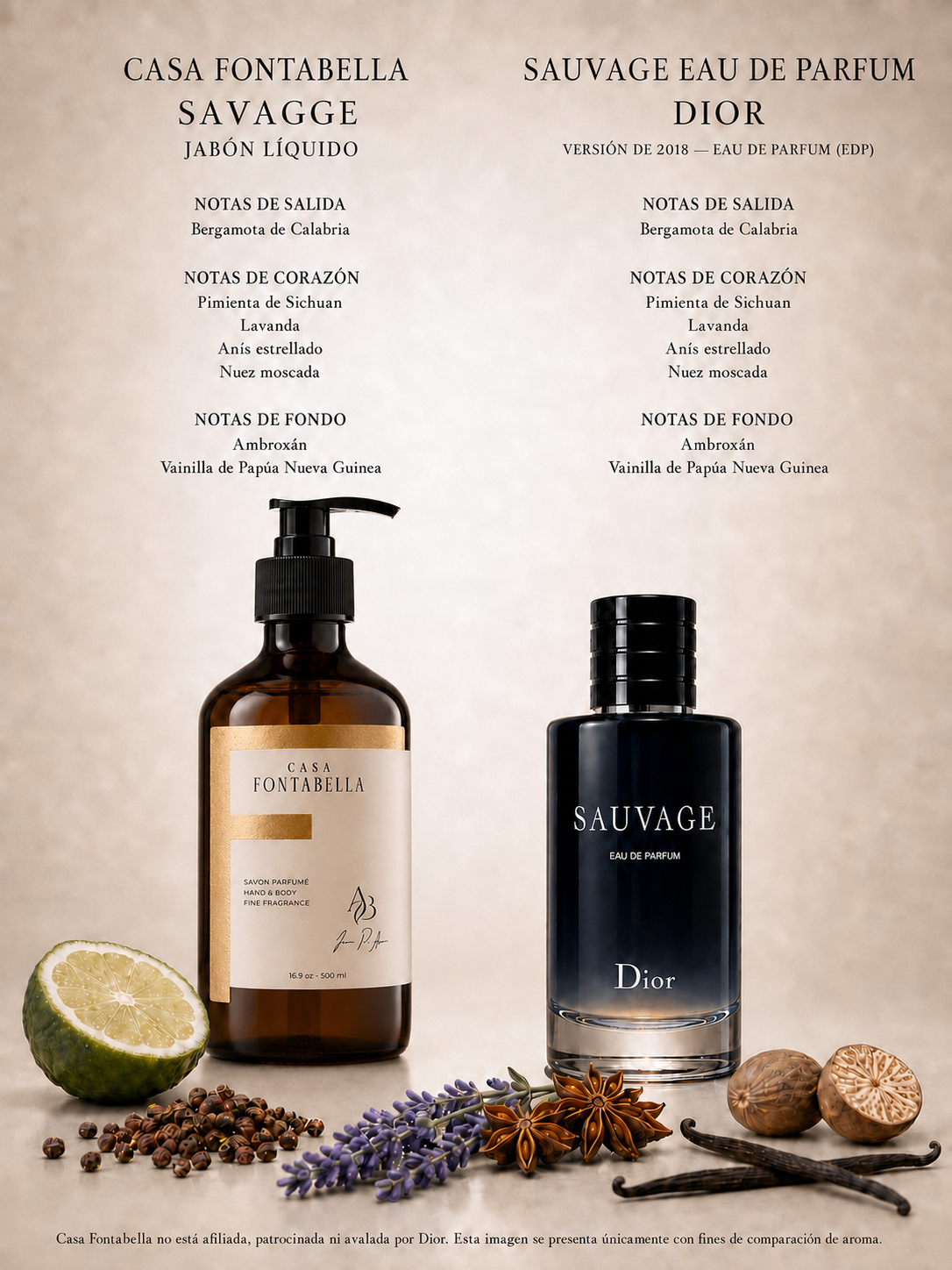 Jabón líquido Savagge de Casa Fontabella junto a su inspiración: Sauvage de Dior