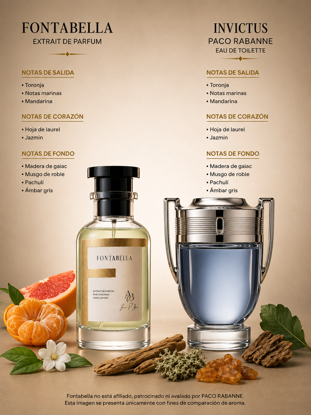 Perfume Unconquered de Fontabella junto a su inspiración: Invictus de Paco Rabanne