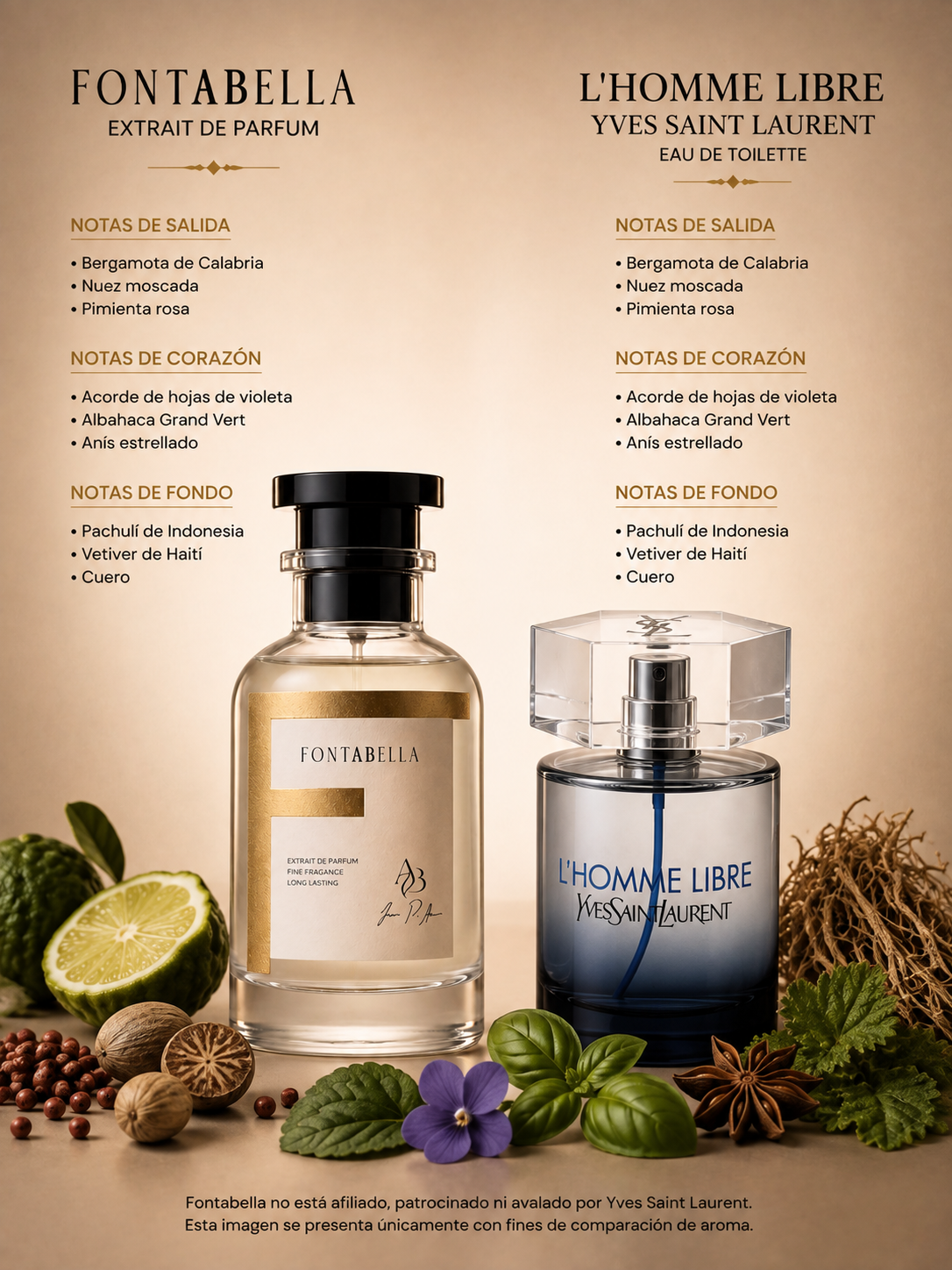 Perfume L'Hombre Libre de Fontabella junto a su inspiración: L'Homme Libre de YSL