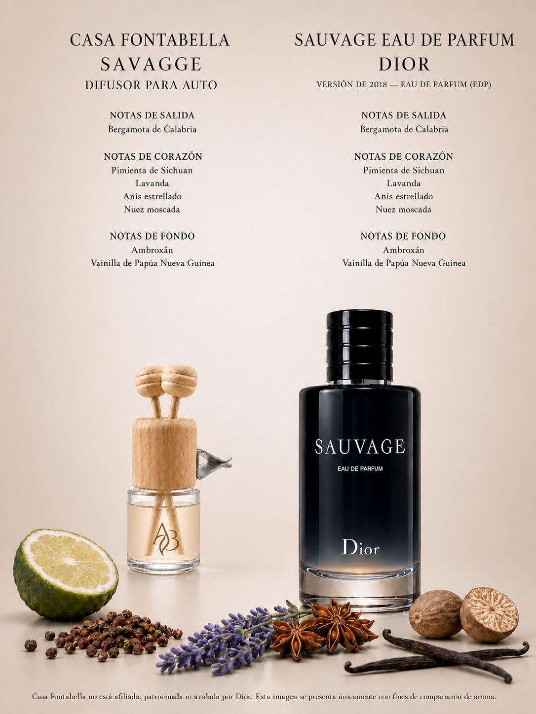 Aromatizante para auto Savagge de Casa Fontabella junto a su inspiración: Sauvage de Dior