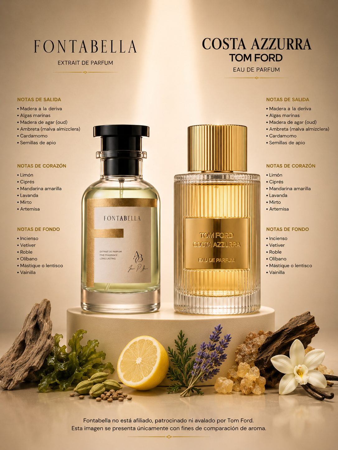 Perfume Costazzura de Fontabella junto a su inspiración: Costa Azzurra de Tom Ford