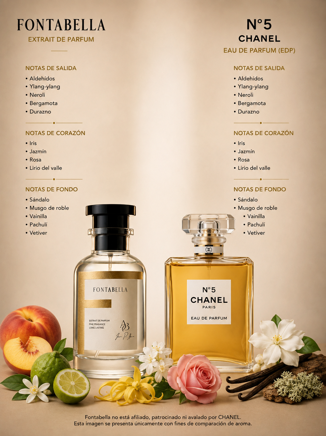 Perfume N°5 de Fontabella junto a su inspiración: Chanel N°5