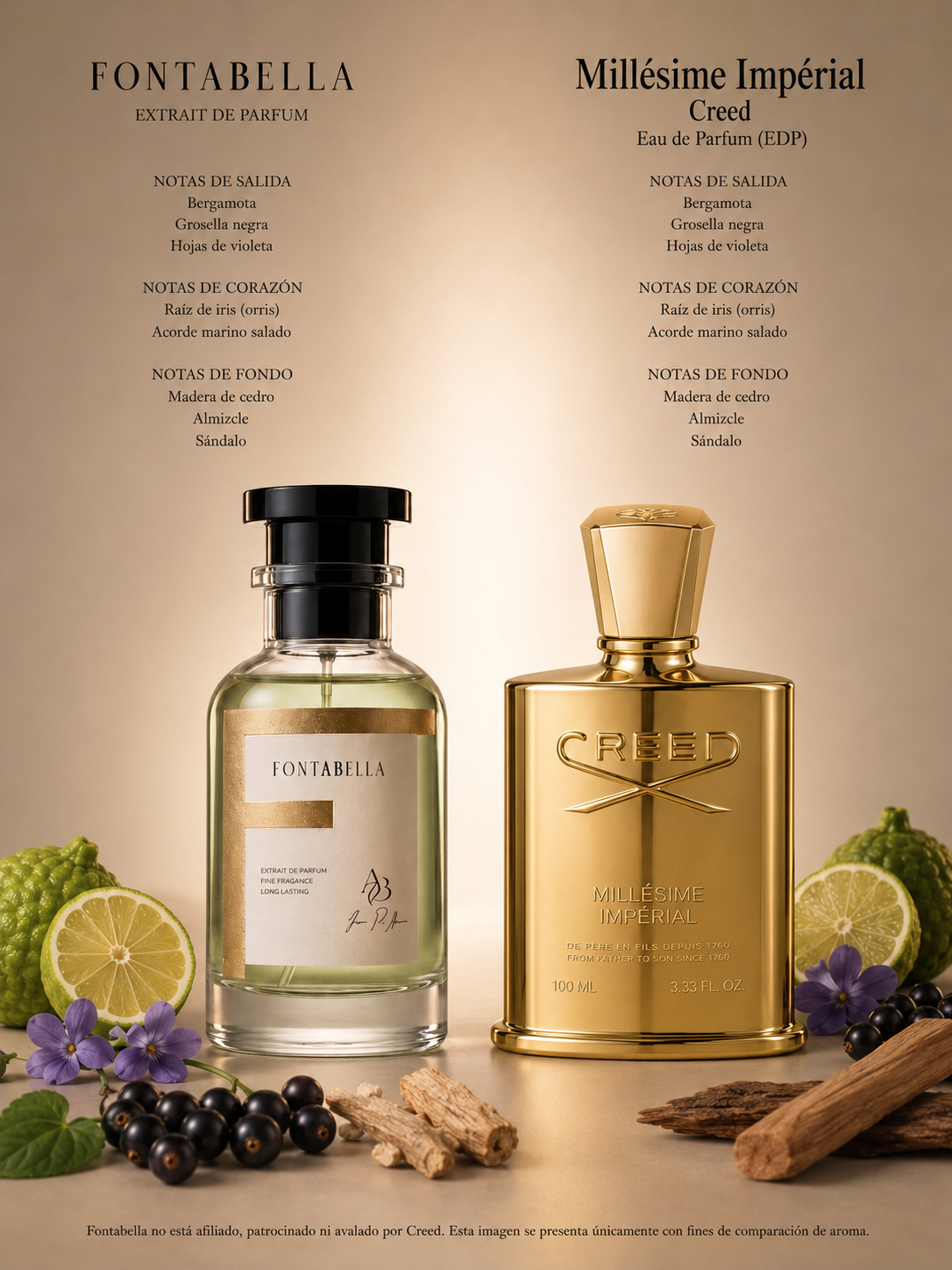 Perfume Millesime Imperio de Fontabella junto a su inspiración: Millésime Impérial de Creed