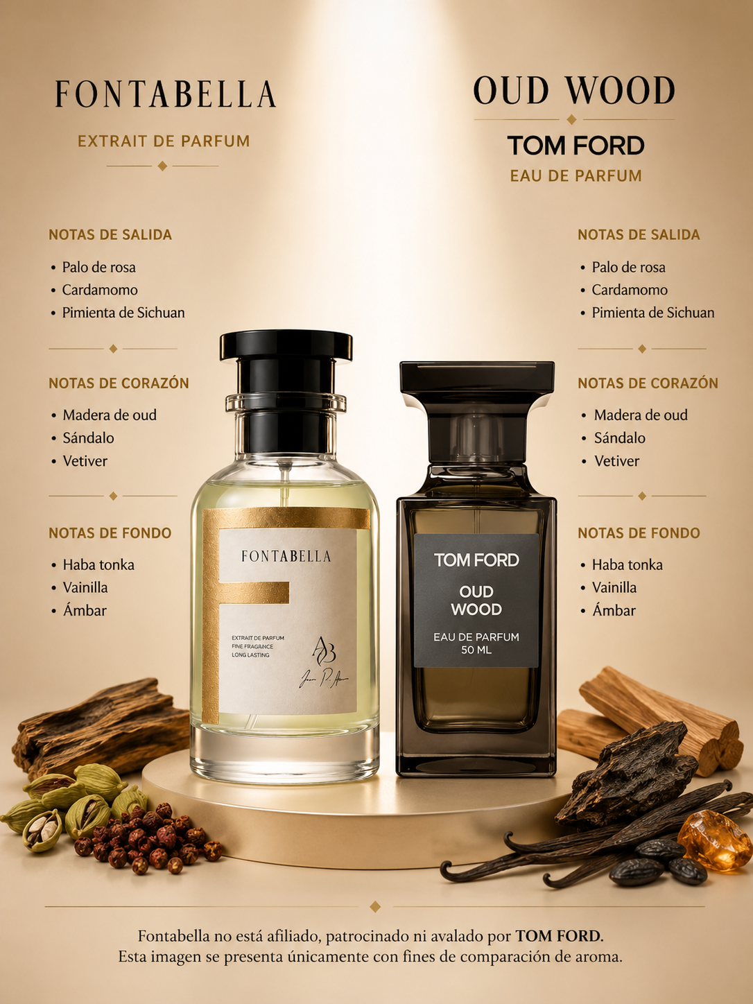 Perfume Oud Madera Nicho de Fontabella junto a su inspiración: Oud Wood de Tom Ford