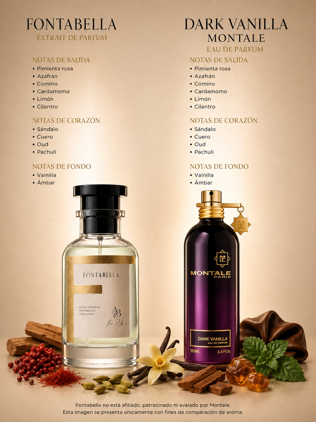 Perfume Vainilla Dark de Fontabella junto a su inspiración: Dark Vanilla de Montale