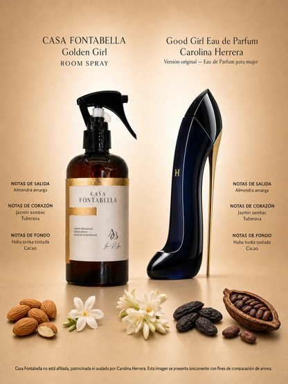 Spray de ambiente Golden Girl de Casa Fontabella junto a su inspiración: Good Girl de Carolina Herrera
