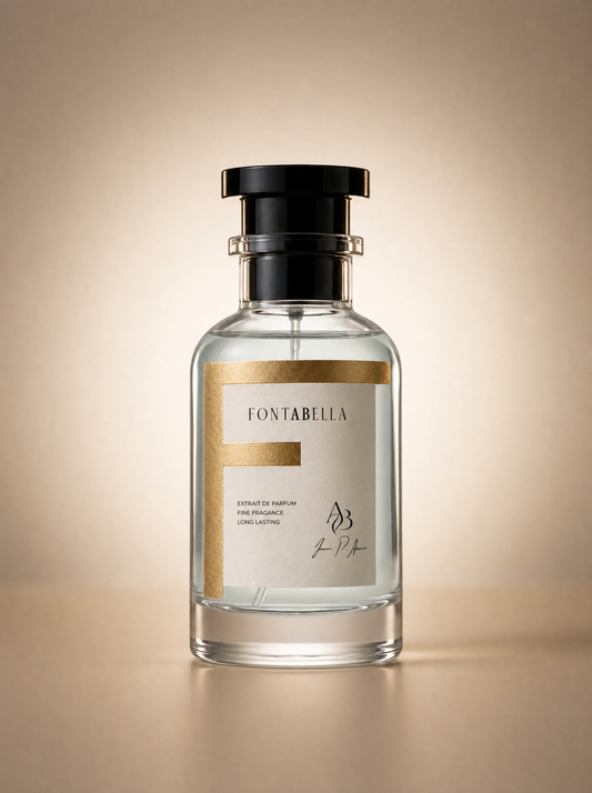 Perfume Noche Estrellada de Fontabella, extrait de parfum en frasco de vidrio con etiqueta dorada