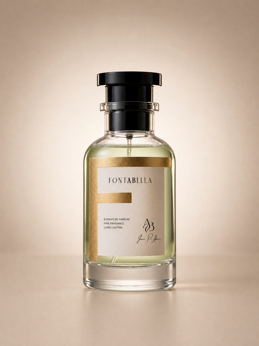 Perfume Odyssée Maison de Fontabella, extrait de parfum en frasco de vidrio con etiqueta dorada