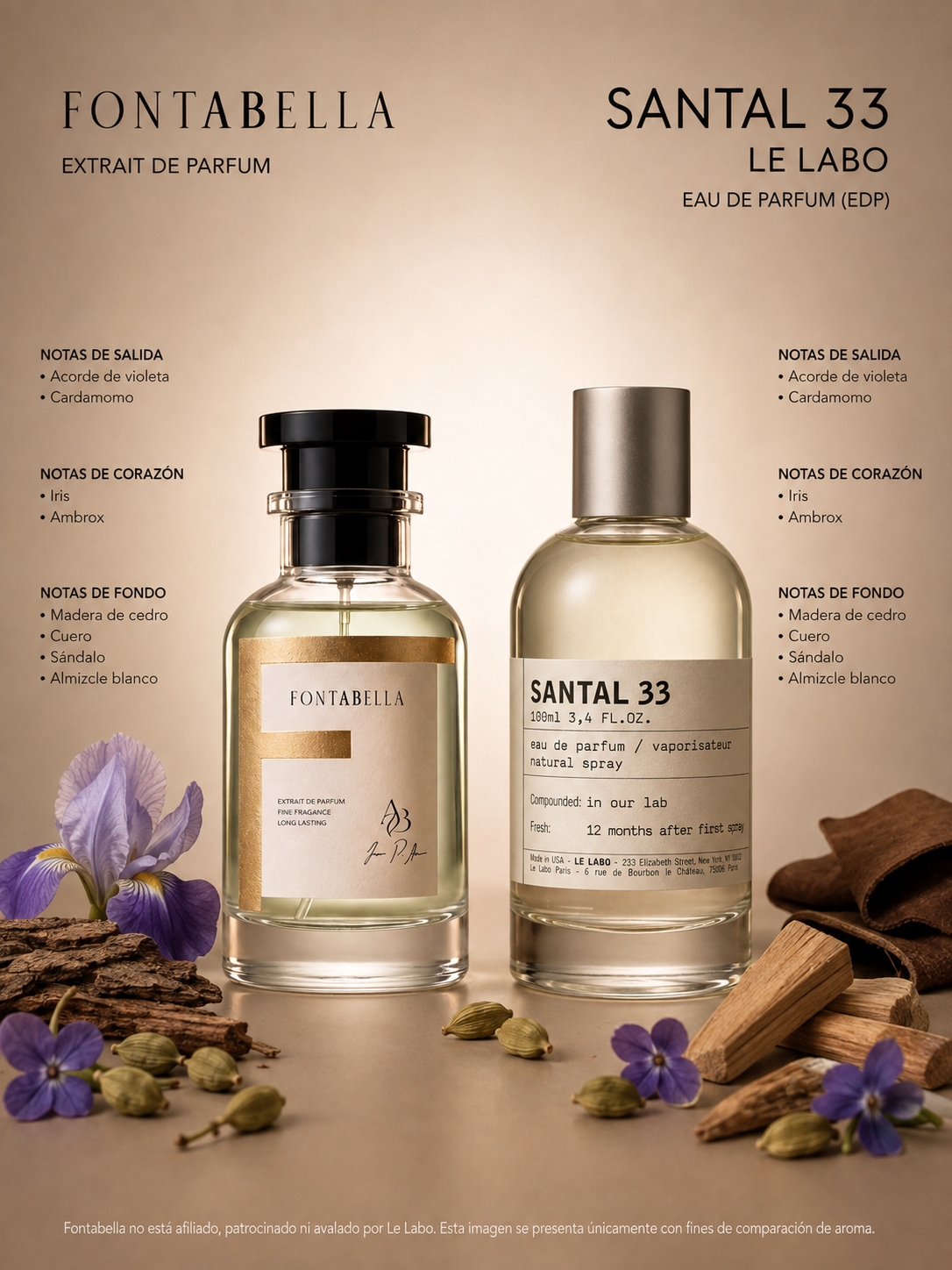 Perfume Sandel 33 de Fontabella junto a su inspiración: Santal 33 de Le Labo