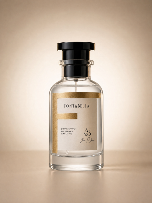 Perfume Miss Her de Fontabella, extrait de parfum en frasco de vidrio con etiqueta dorada