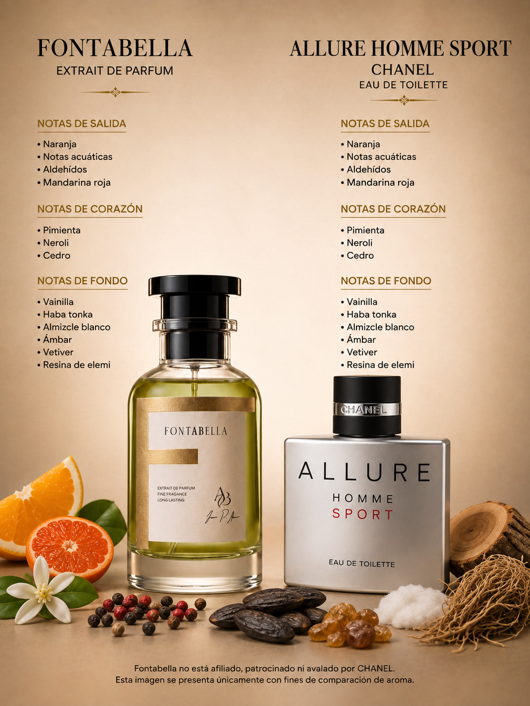 Perfume Allur Sport de Fontabella junto a su inspiración: Allure Homme Sport de Chanel