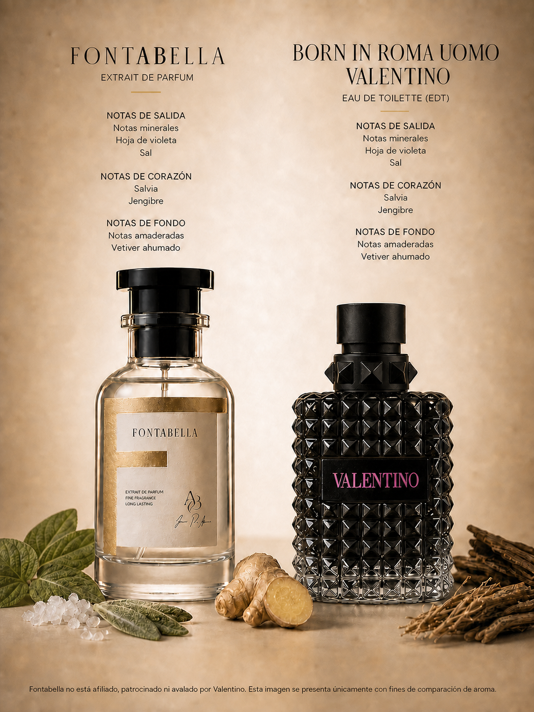 Perfume Borromano de Fontabella junto a su inspiración: Born in Roma Uomo de Valentino