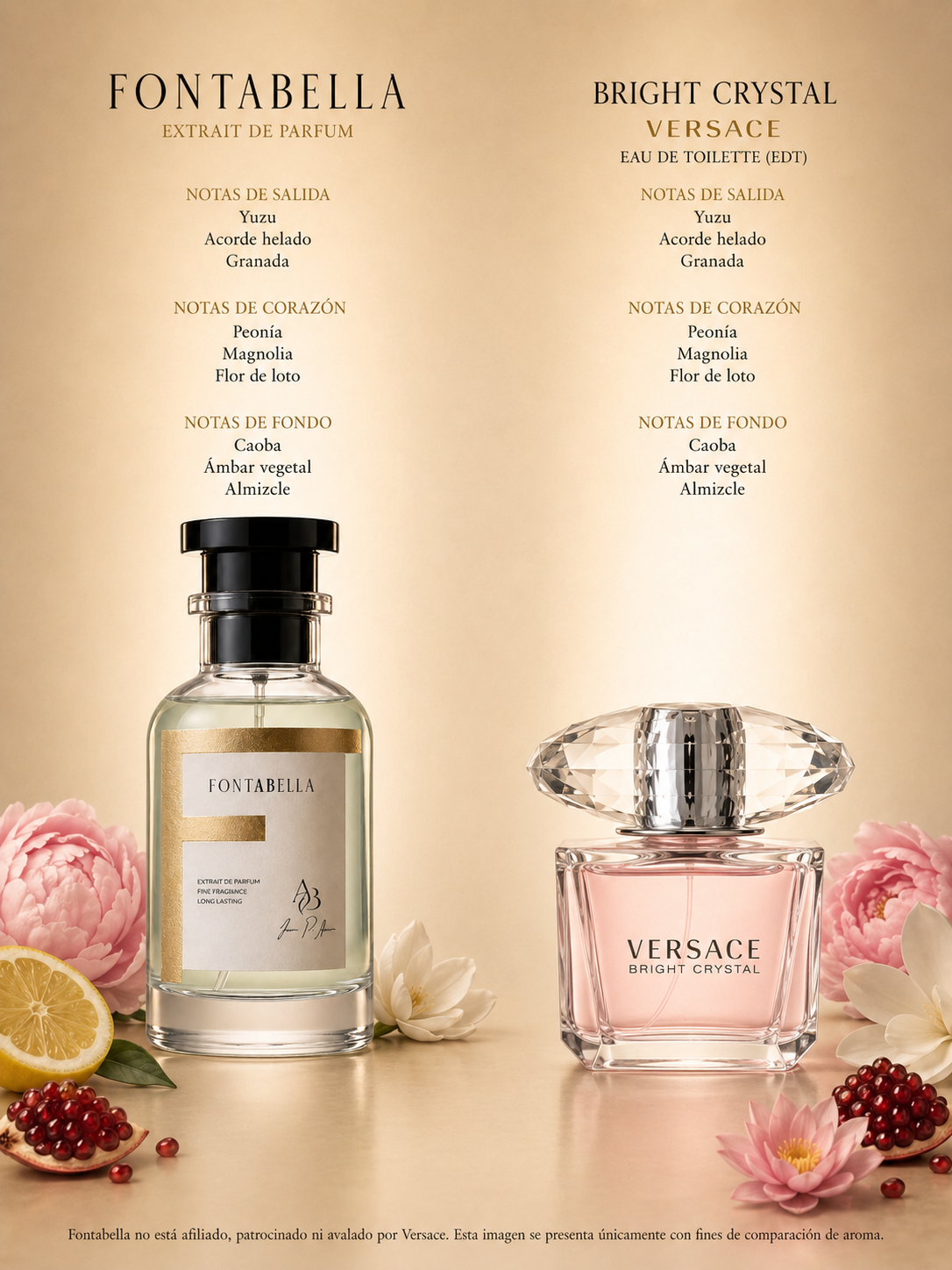 Perfume Crystal Shine de Fontabella junto a su inspiración: Bright Crystal de Versace