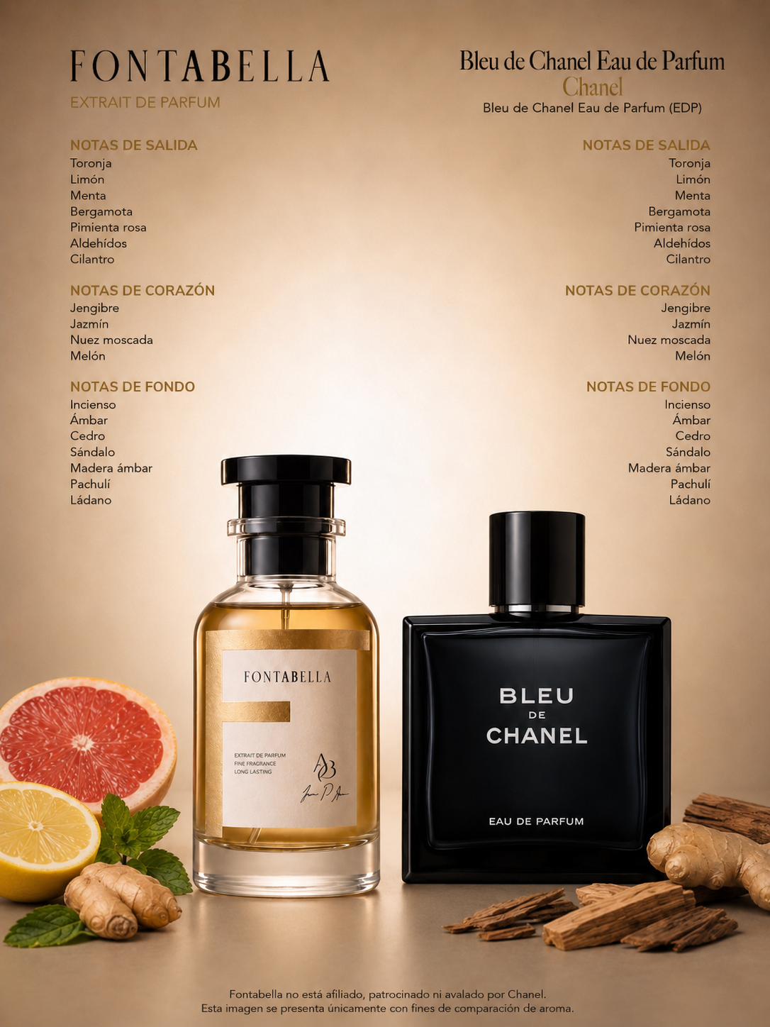 Perfume Blue Essence de Fontabella junto a su inspiración: Bleu de Chanel
