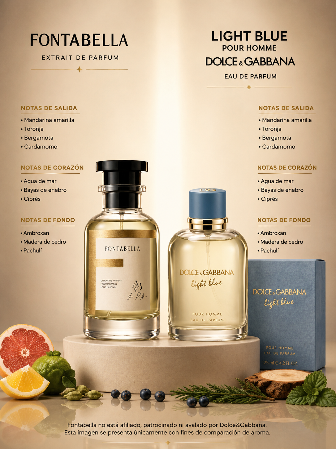 Perfume Ocean Blue de Fontabella junto a su inspiración: Light Blue de Dolce y Gabbana