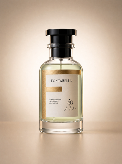 Perfume Yadora de Fontabella, extrait de parfum en frasco de vidrio con etiqueta dorada