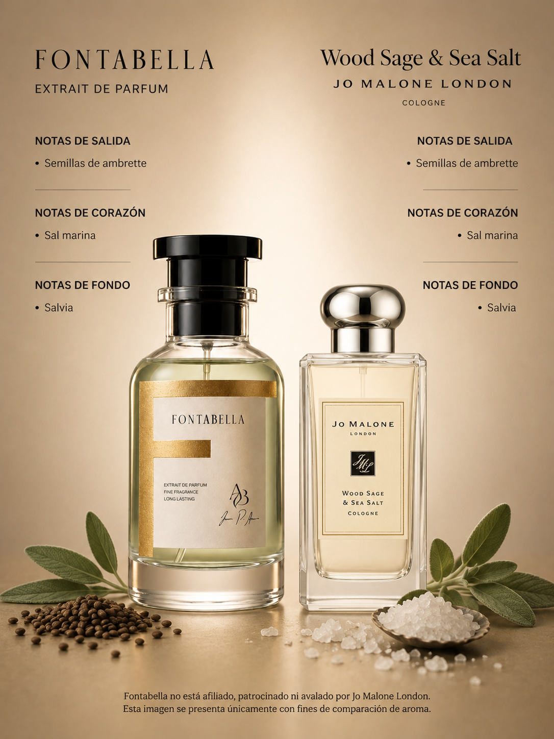 Perfume Sage & Salt de Fontabella junto a su inspiración: Wood Sage y Sea Salt de Jo Malone