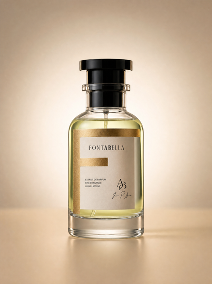 Perfume Adventos de Fontabella, extrait de parfum en frasco de vidrio con etiqueta dorada