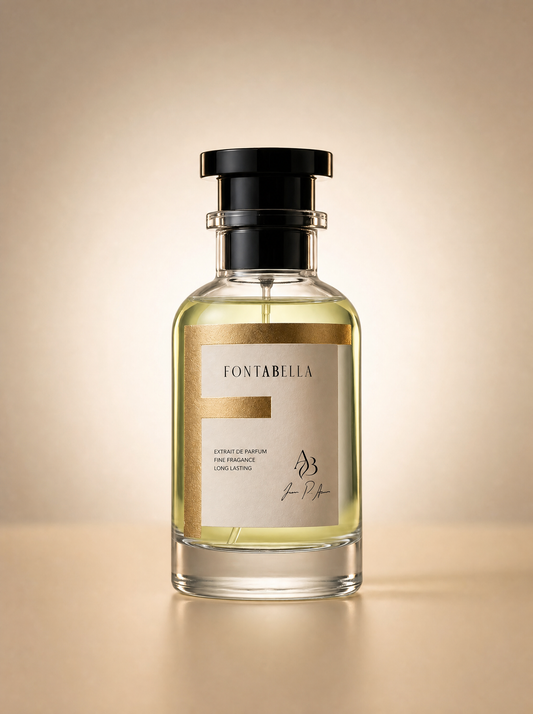 Perfume Adventos de Fontabella, extrait de parfum en frasco de vidrio con etiqueta dorada