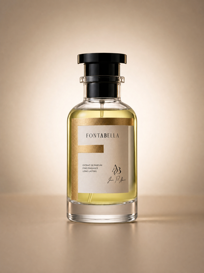 Perfume Cherissime de Fontabella, extrait de parfum en frasco de vidrio con etiqueta dorada