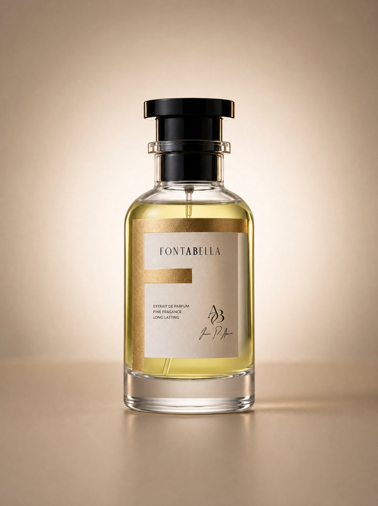 Perfume Cherissime de Fontabella, extrait de parfum en frasco de vidrio con etiqueta dorada